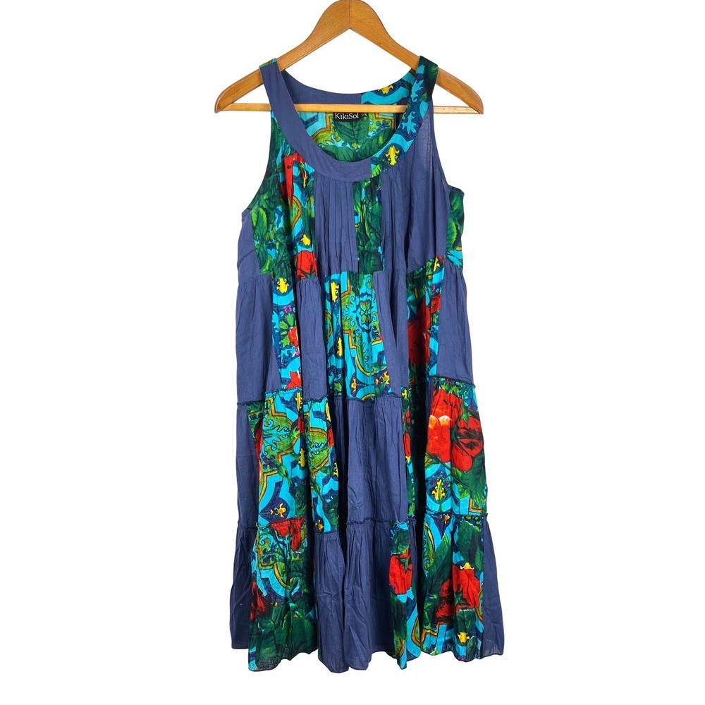 KikiSol Womens‎ L/XL Cotton Tiered Patchwork Tropical Floral Midi Dress